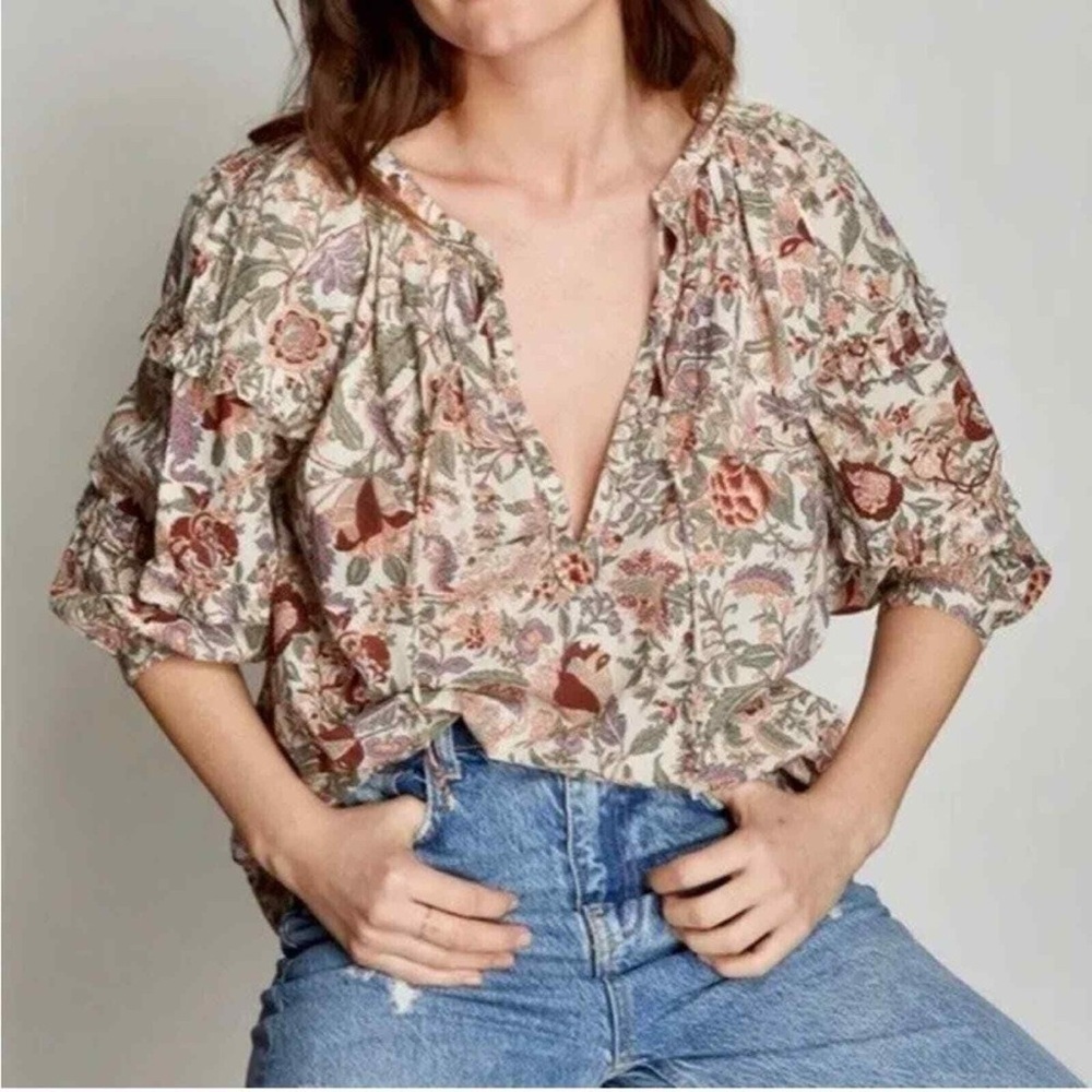 Anthropologie Love The Label Floral Peasant Boho Balloon Puff Sleeve Top